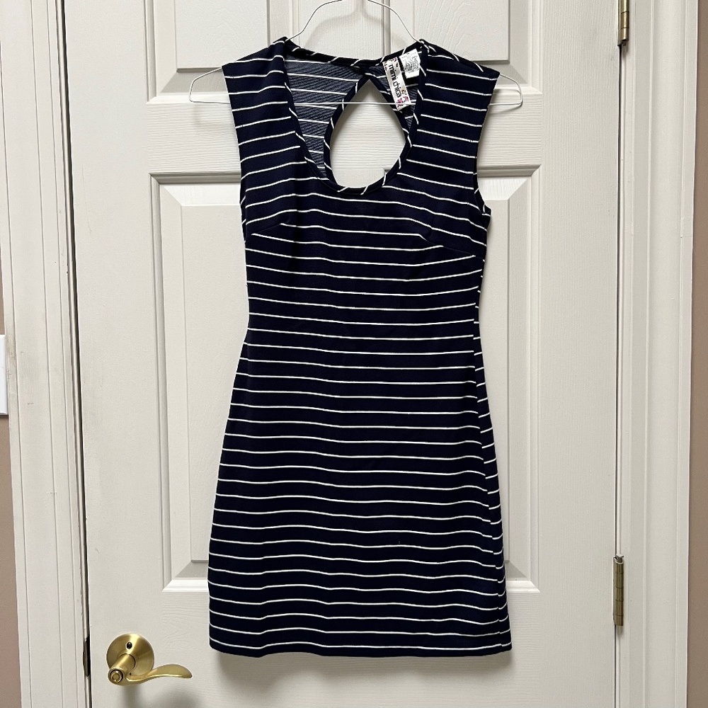 Navy and White Stripe Mini Dress with Cutout